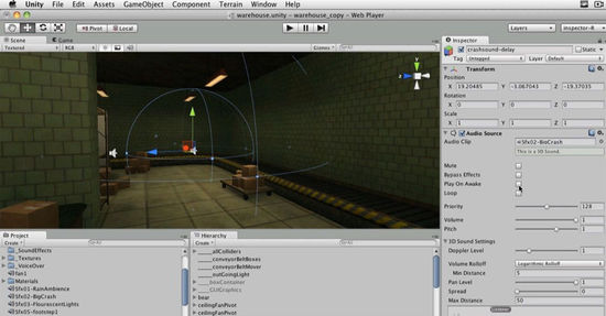 Unity是当前游戏圈热度最高的商业游戏引擎之一。图示的场景是在Unity引擎中添加3D声源的教学视频。