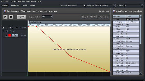 FMOD Designer是音效设计师常用的工具，负责游戏中音频部分的播放功能实现。图中所示的是在FMOD Designer中添加一个环境声源的效果。表现在游戏引擎中时，大概就是图中的样子。